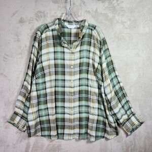 Encore By Idina Menzel Shirt Women 3X Green Plaid Ruffle Collar Button Up Casual